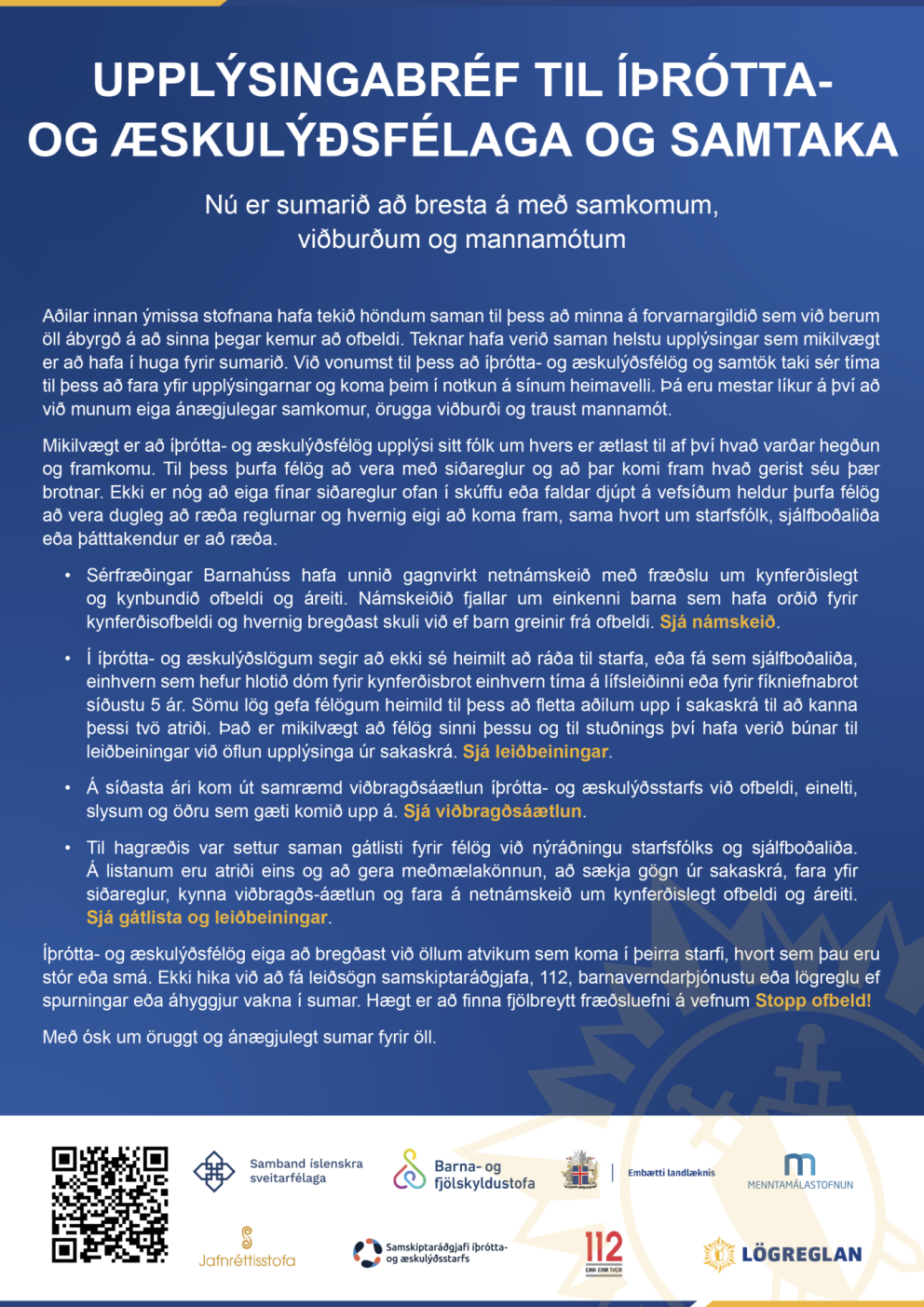 Upplýsingabréf til íþrótta- og æskulýðsfélaga og samtaka
